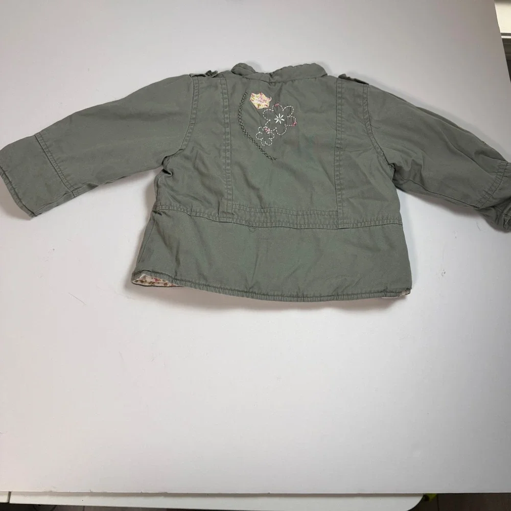 Toddler Girls Olive Green Floral Embroidered Utility Field Jacket Size 24M